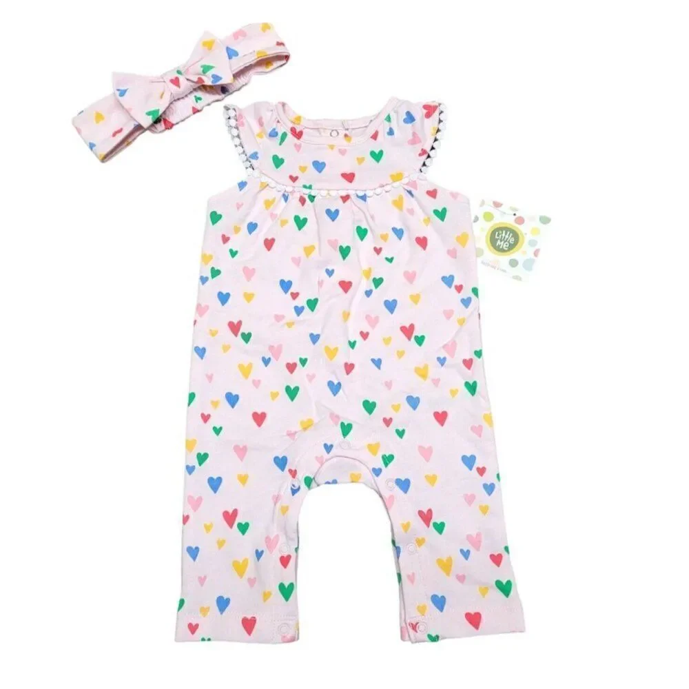 Little Me Dillard's Heart Print Girls 3 Months Jumpsuit & Headband, 2 Piece‎ Set